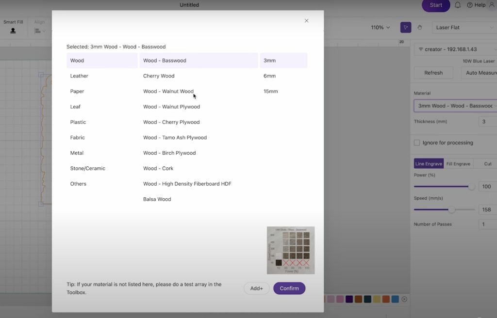 Select the material you're cutting.