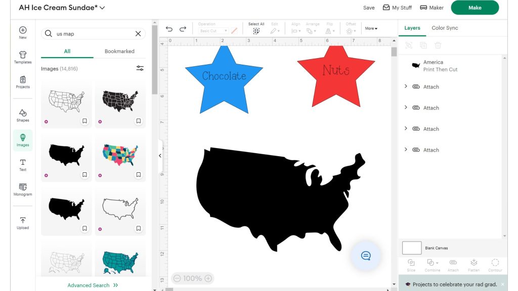 US Map shape on the Cricut design space canvas