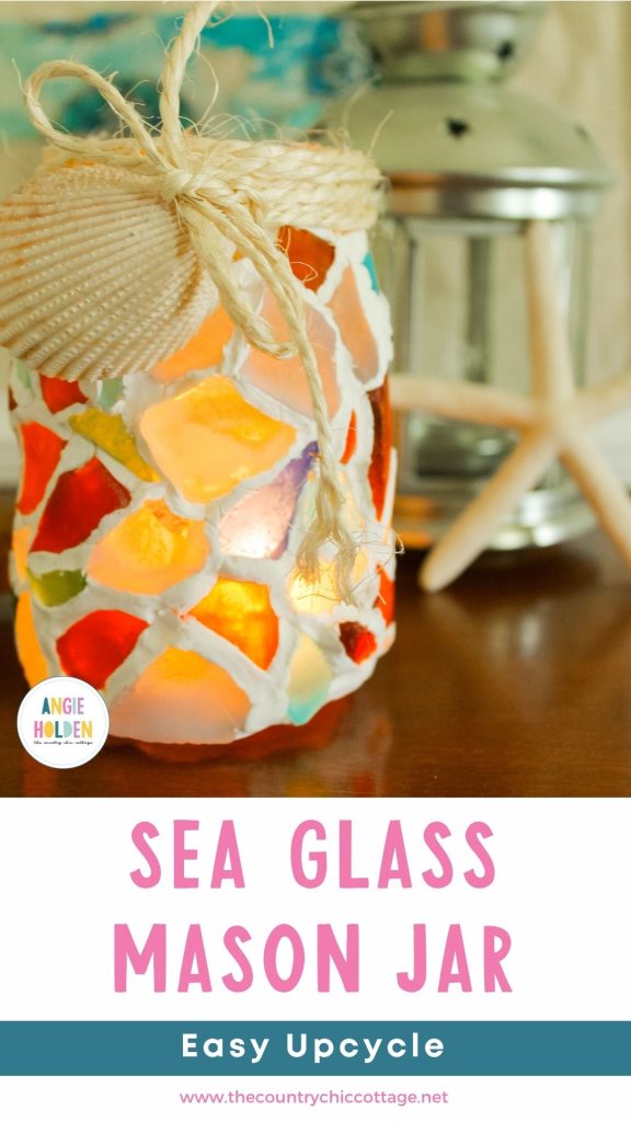 Mason jar decorated with sea glass