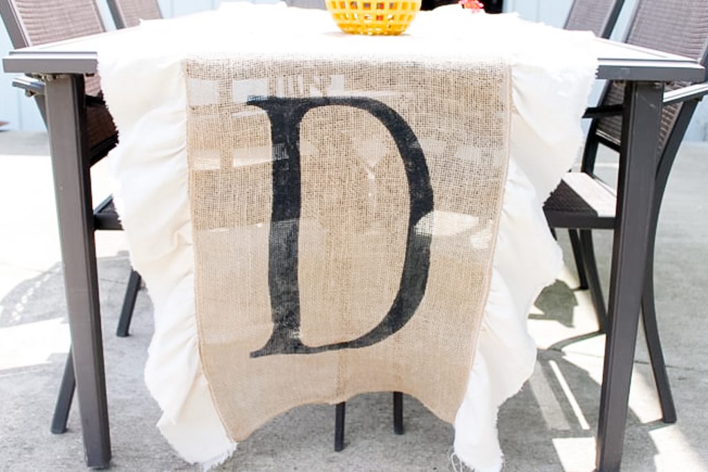 burlap table runner with painter monogram