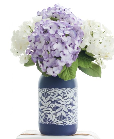 hydrangeas in a painted mason jar vase