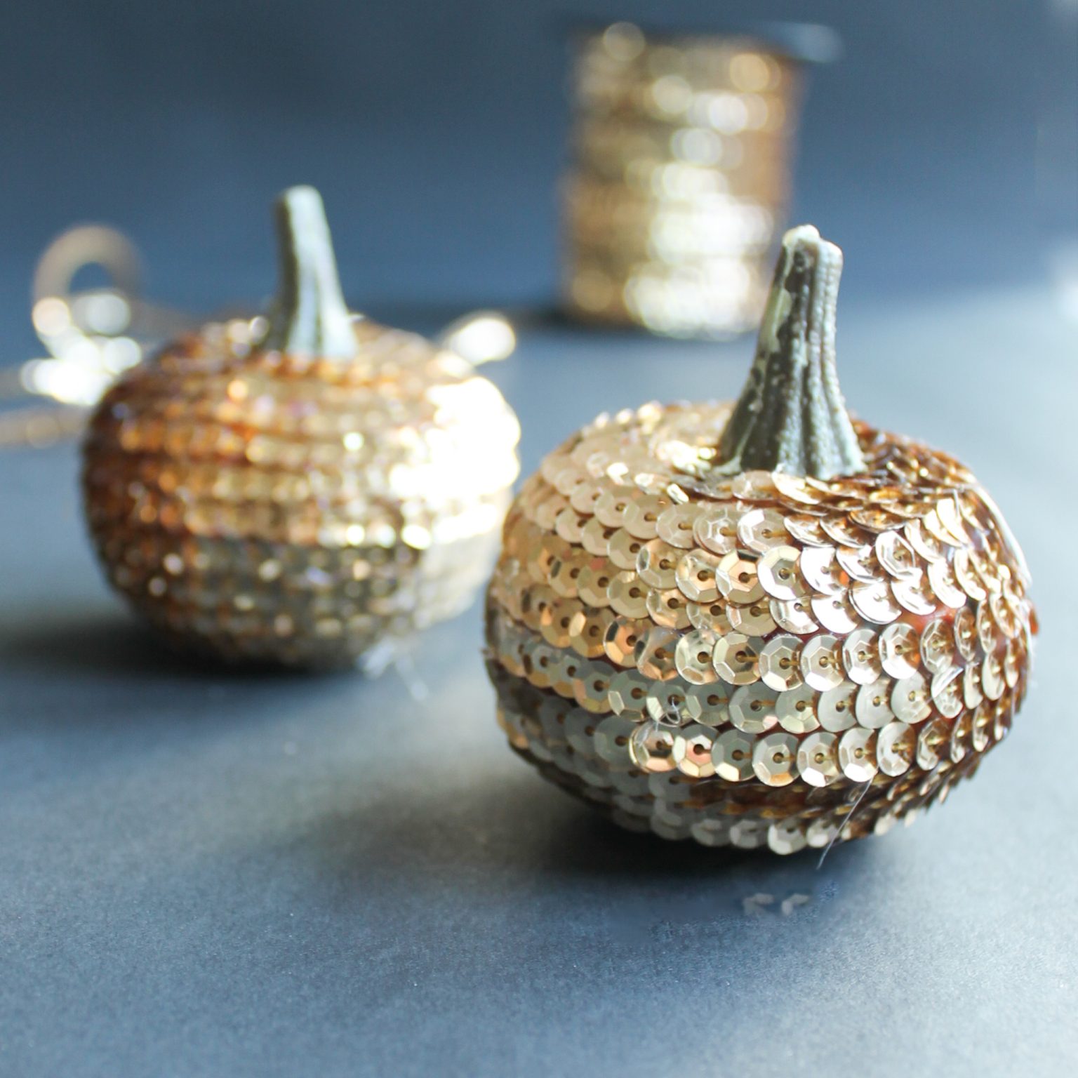 Cover a Small Pumpkin in Sequin Trim on a no-carve pumpkin