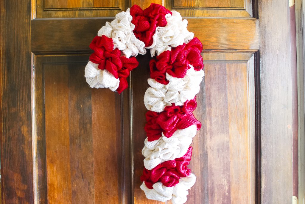 finished burlap candy cane wreath