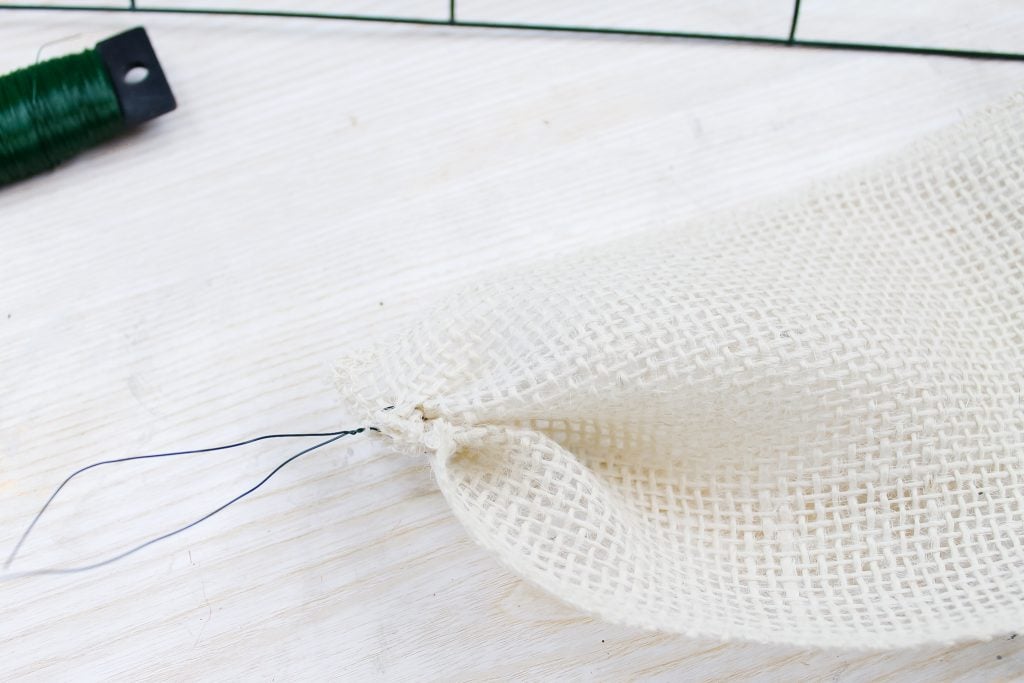 threading flor wire to burlap ribbon