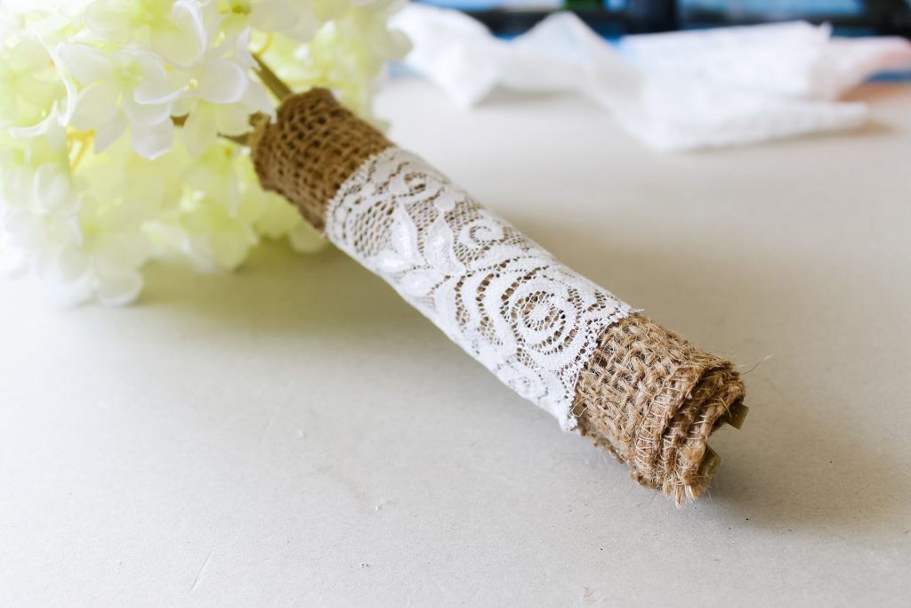 burlap and lace wrapped flower stems