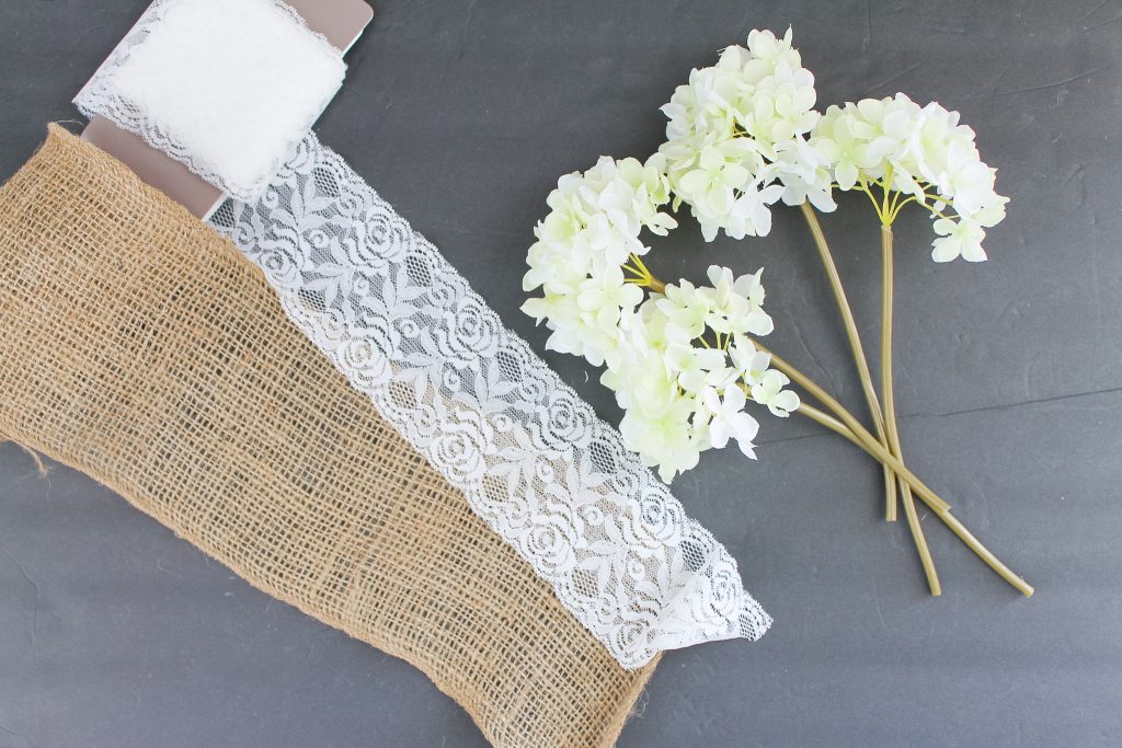 silk hydrangeas with lace and burlap ribbon