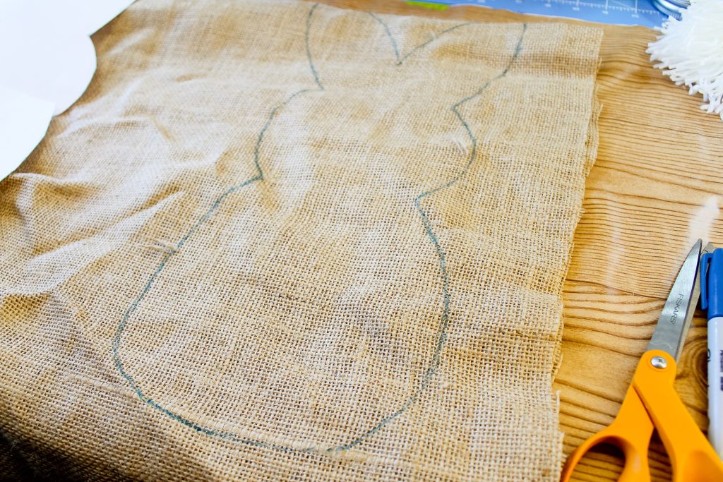 bunny pattern traced on folded burlap