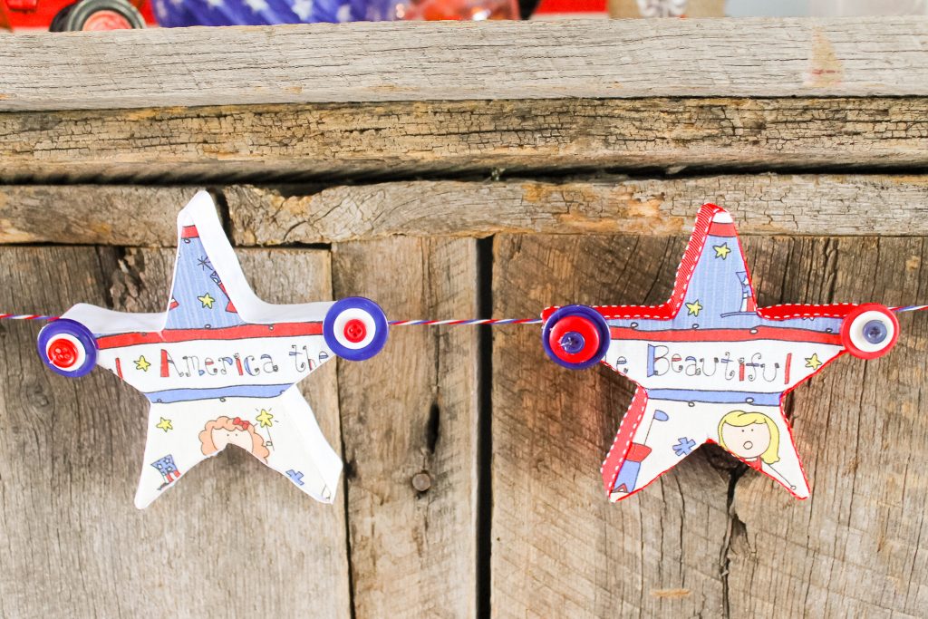 A great buttons and stars garland for your summer or 4th of July decor. Come see how to make this craft with Styrofoam, fabric, and buttons. patriotic garland made of stars and buttons