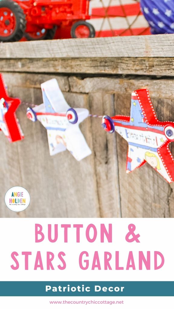 A great buttons and stars garland for your summer or 4th of July decor. Come see how to make this craft with Styrofoam, fabric, and buttons. Patriotic button and stars garland
