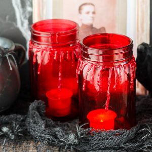 tea lights inside bloody jars