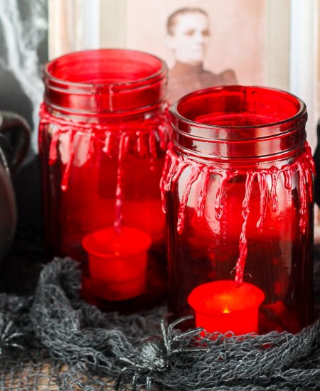 tea lights inside bloody jars