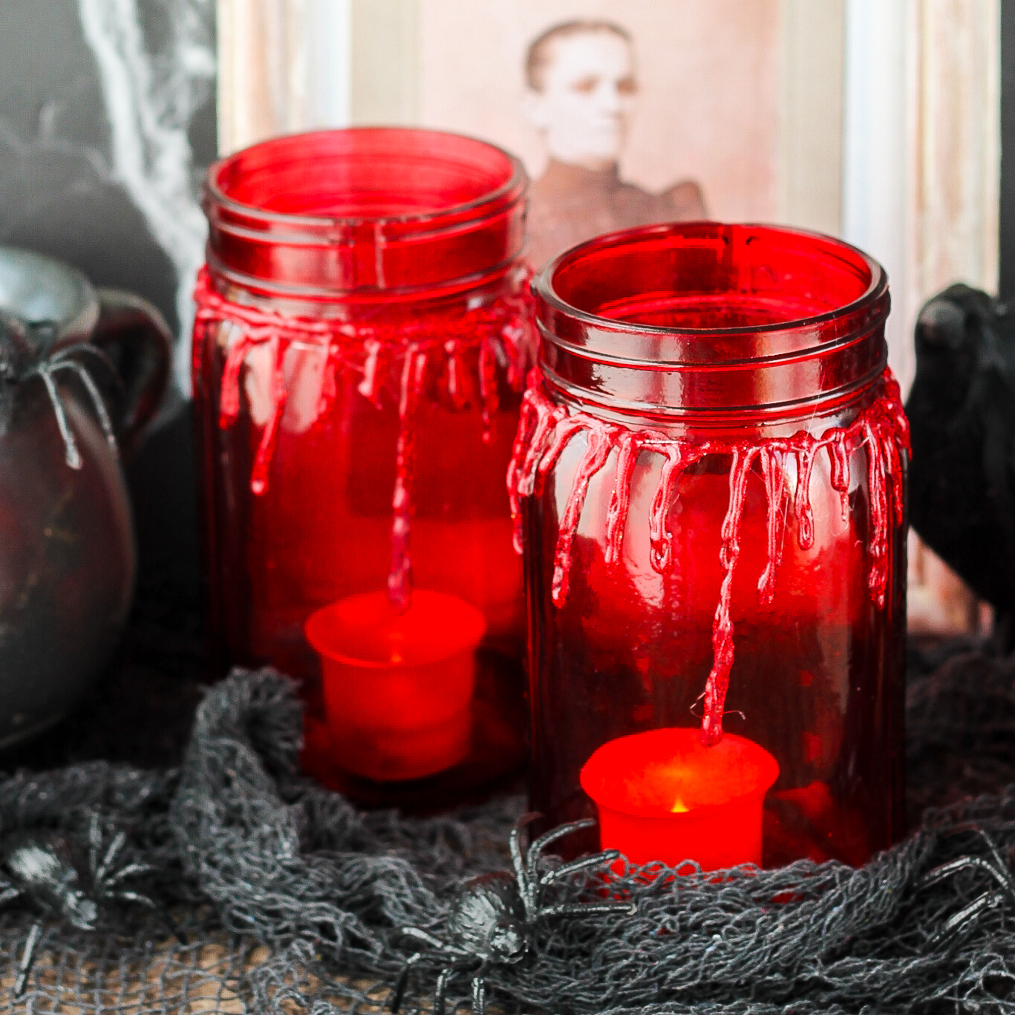 tea lights inside bloody jars