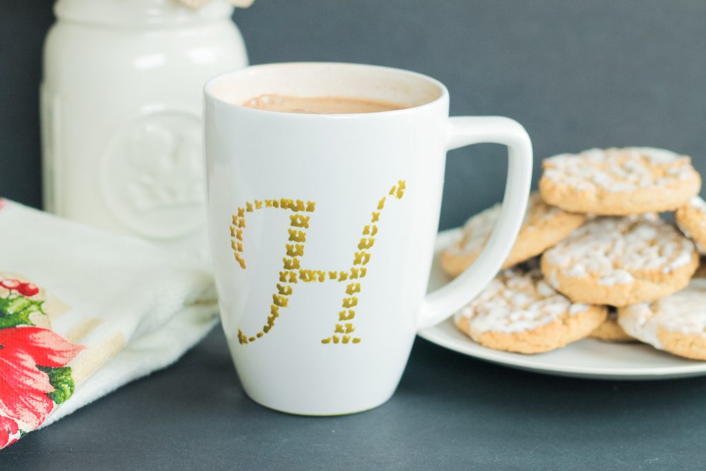 DIY monogram mug with paint pens and stencil