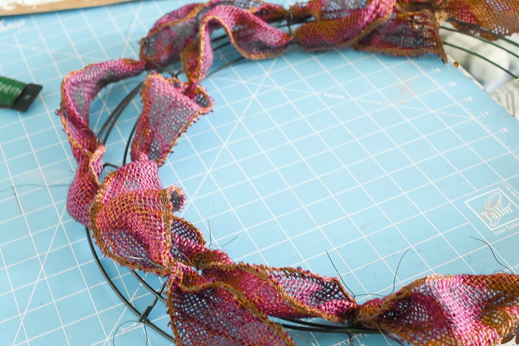 Adding burlap to wire wreath frame