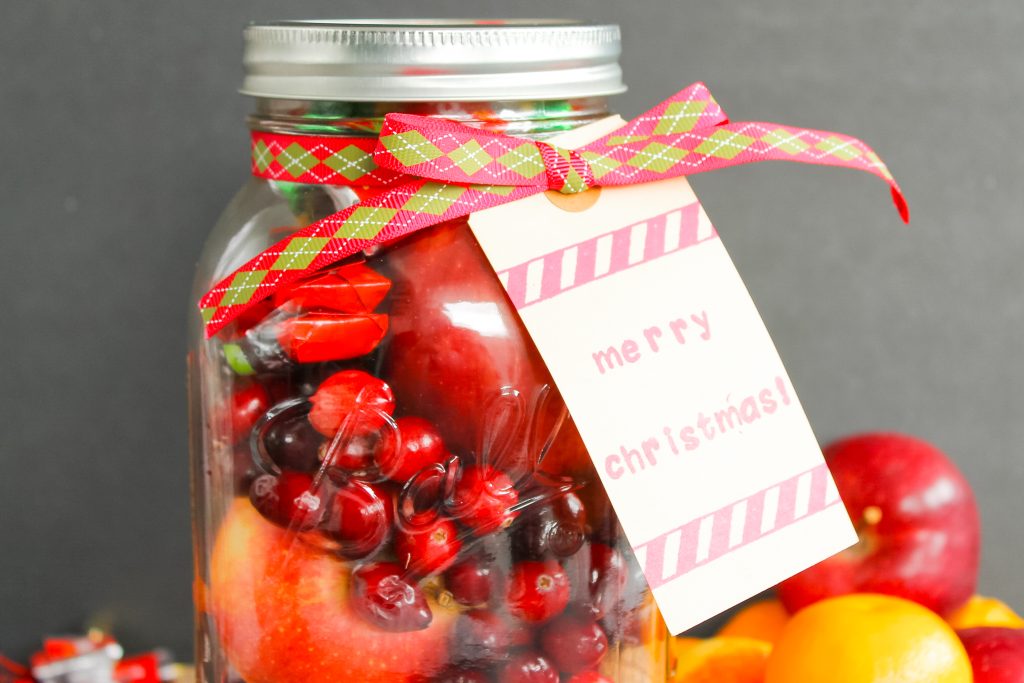 gift tag on a fruit basket in a jar