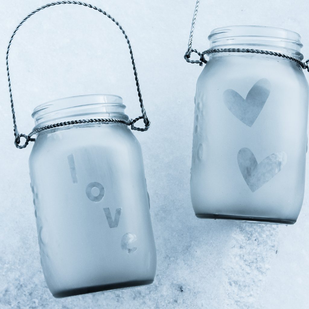 finished etched glass lanterns made from jars