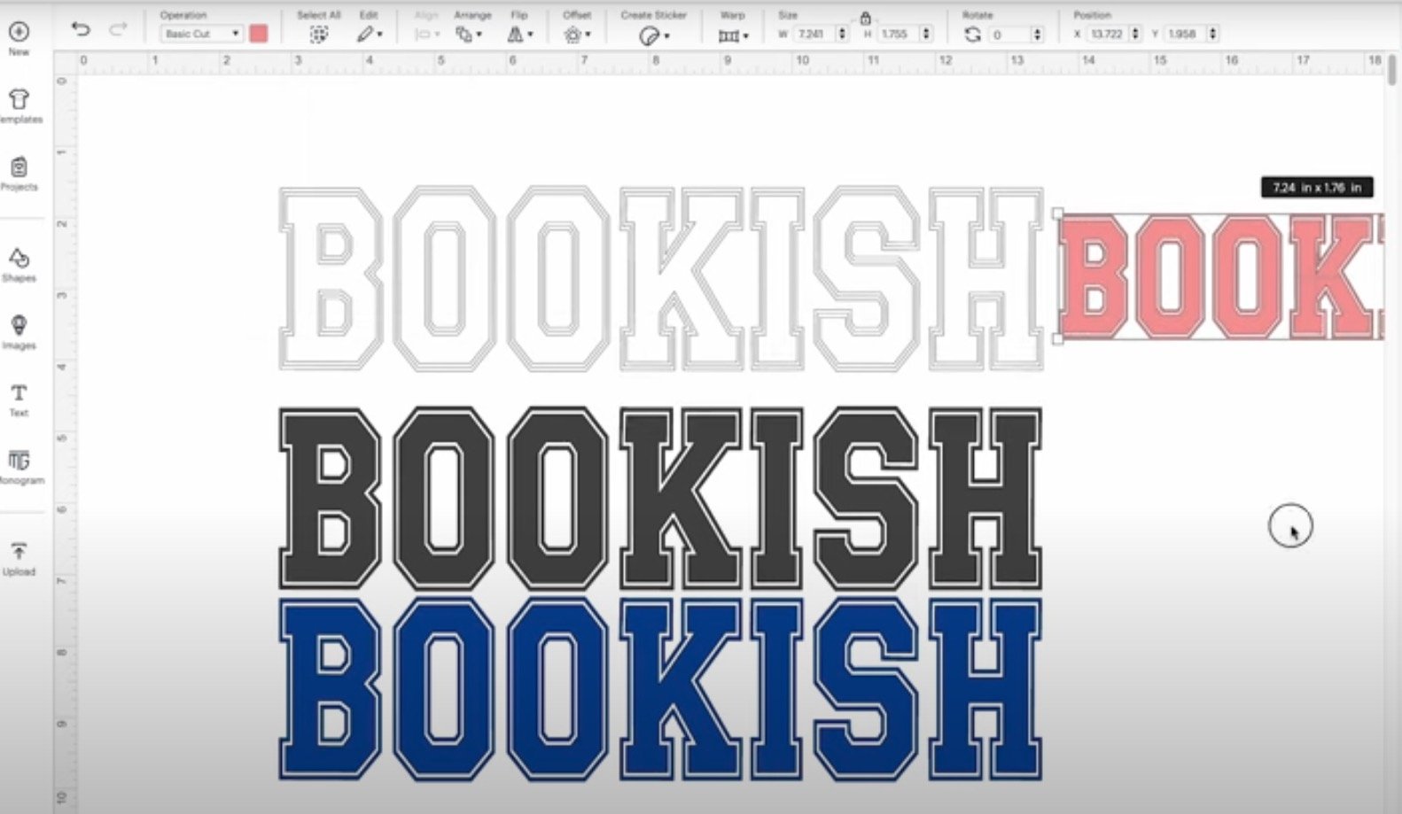 Bookish design on Design Space canvas in different sizes.