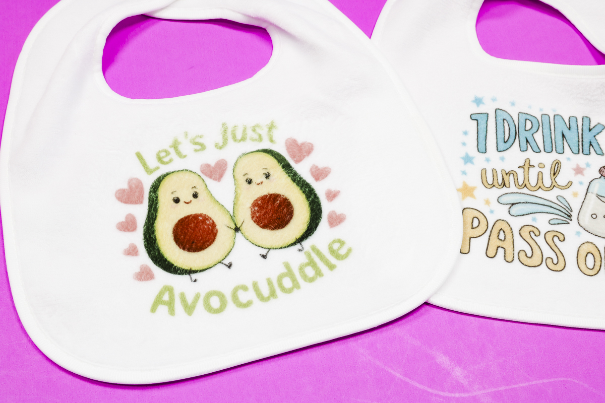 Finished avocado sublimation baby bib.