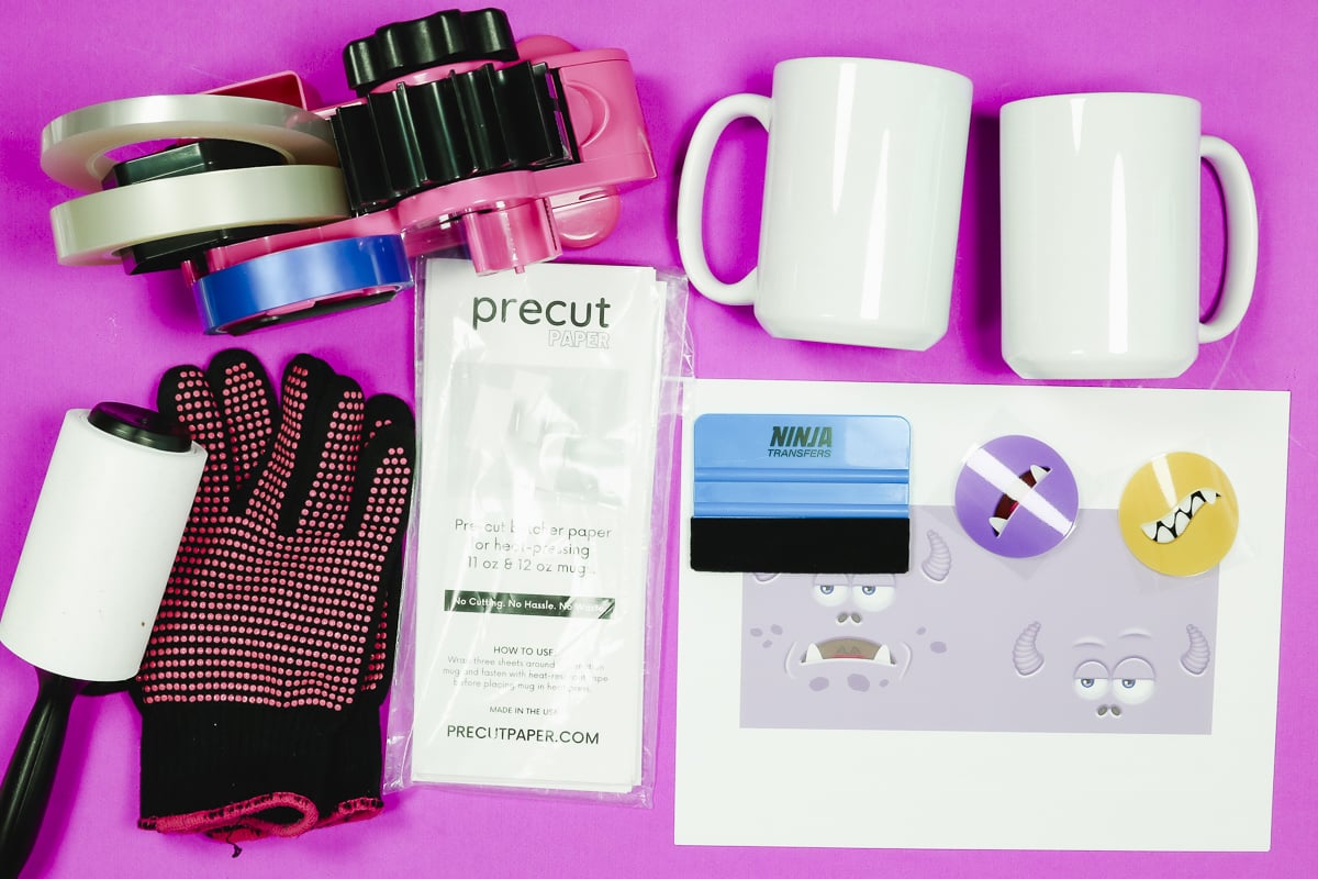 Supplies used to make mugs with design on bottom.