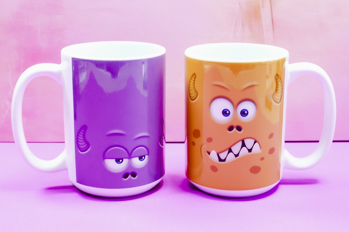 Finished monster face sublimation mugs.