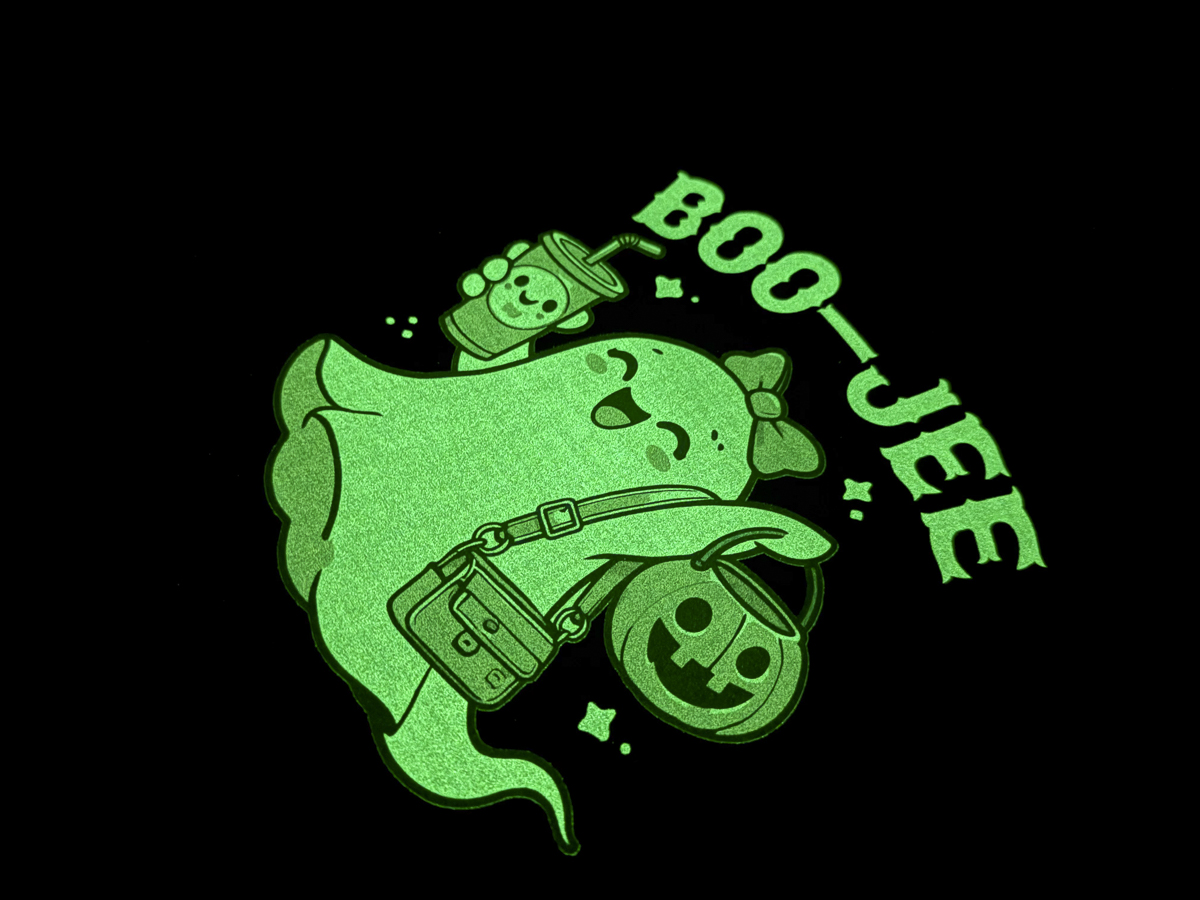 Boo-Jee ghost design glowing in the dark.