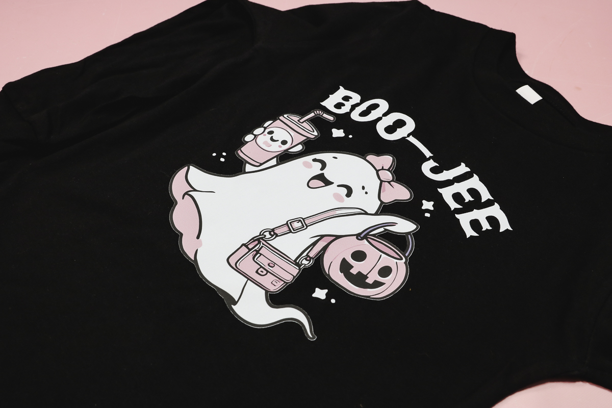 Boo-Jee ghost design on black shirt.