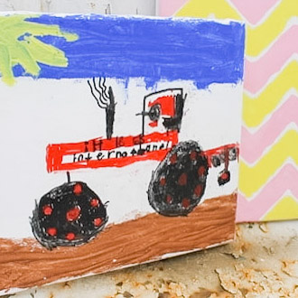Kids artwork on stretched canvases