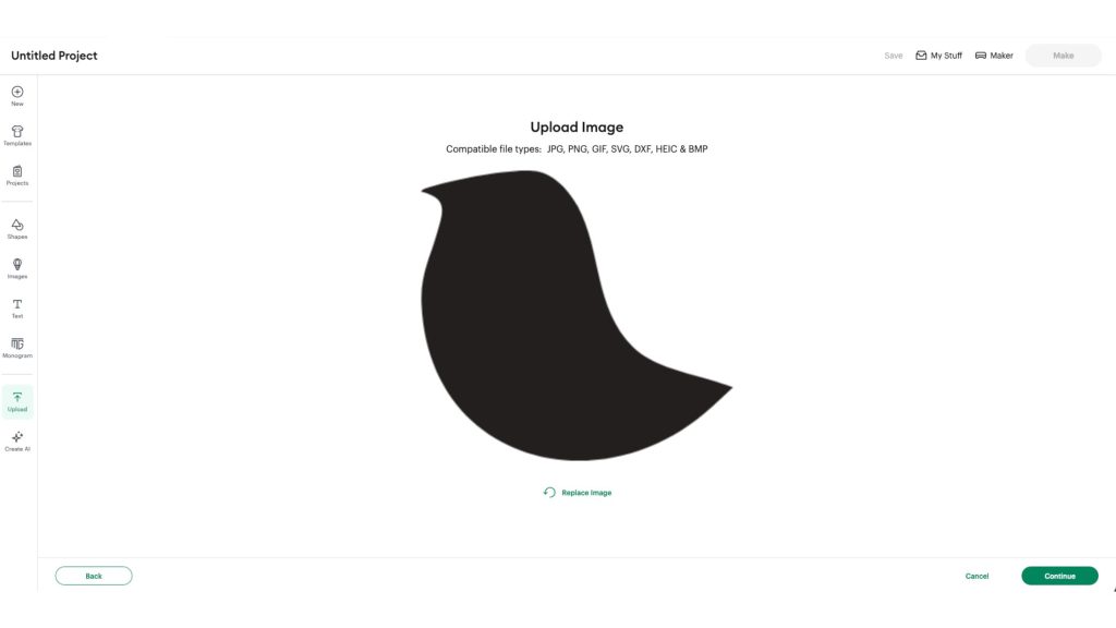 Uploading bird into Cricut Design Space