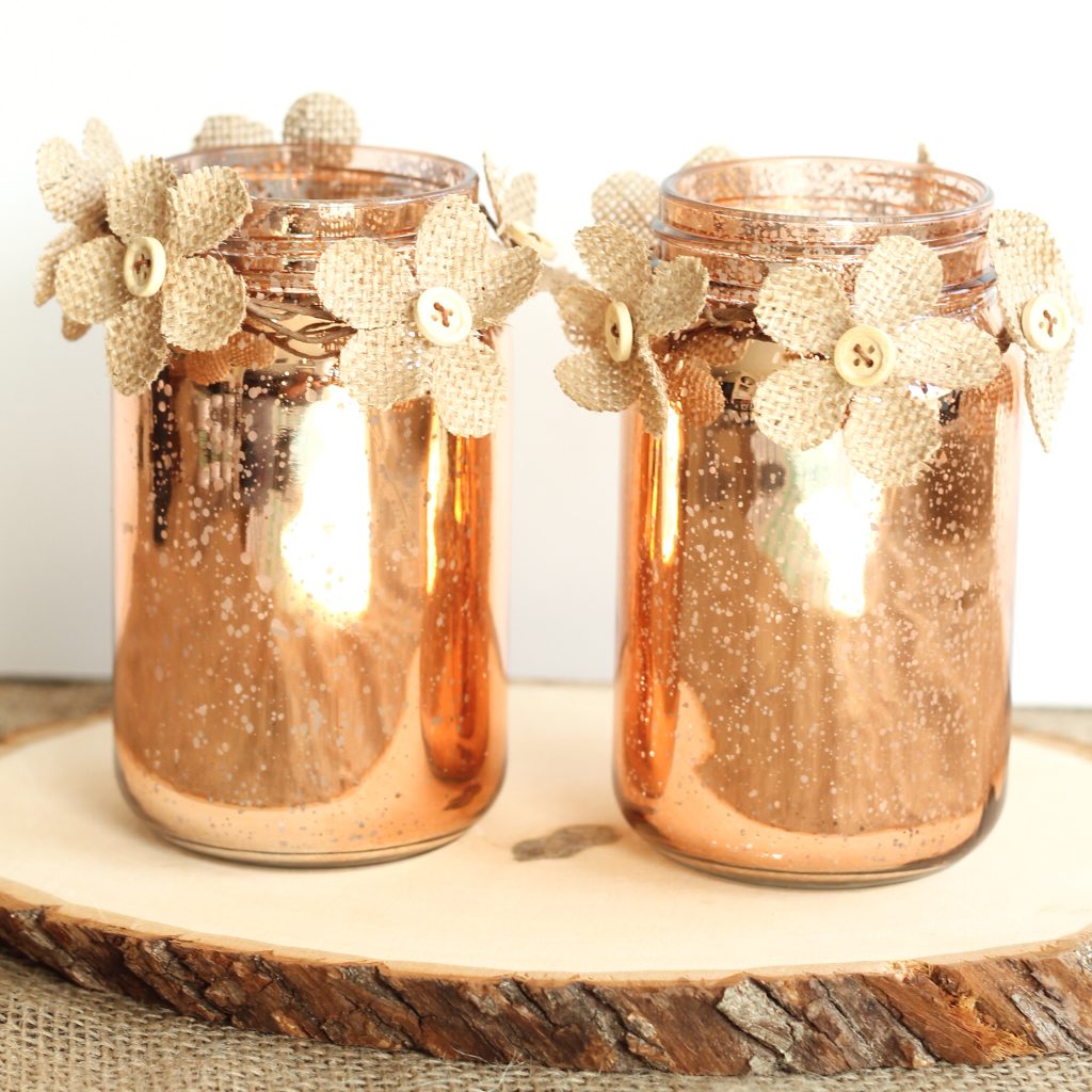 Copper mason jars with burlap flowers