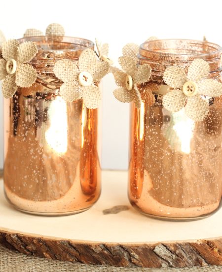 Copper mason jars with burlap flowers