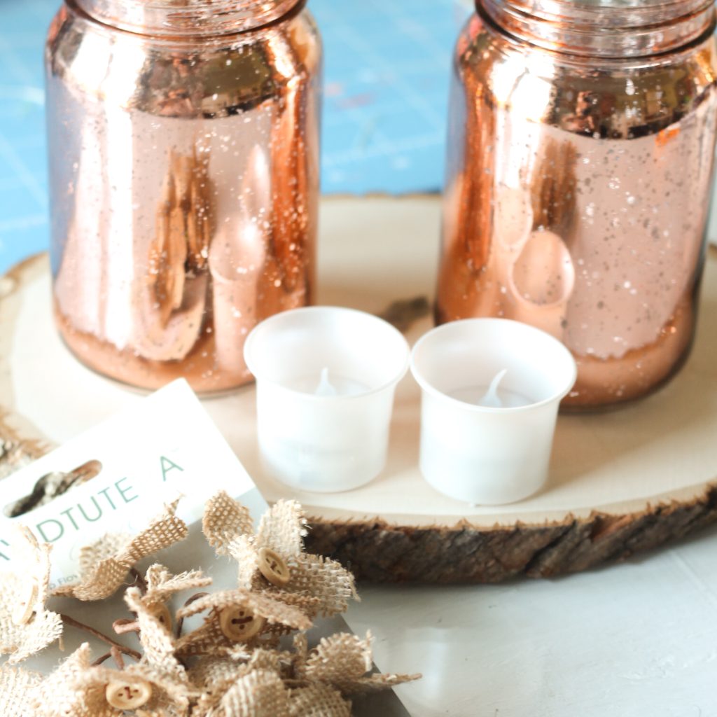 tea lights, jars and burlap flower garland