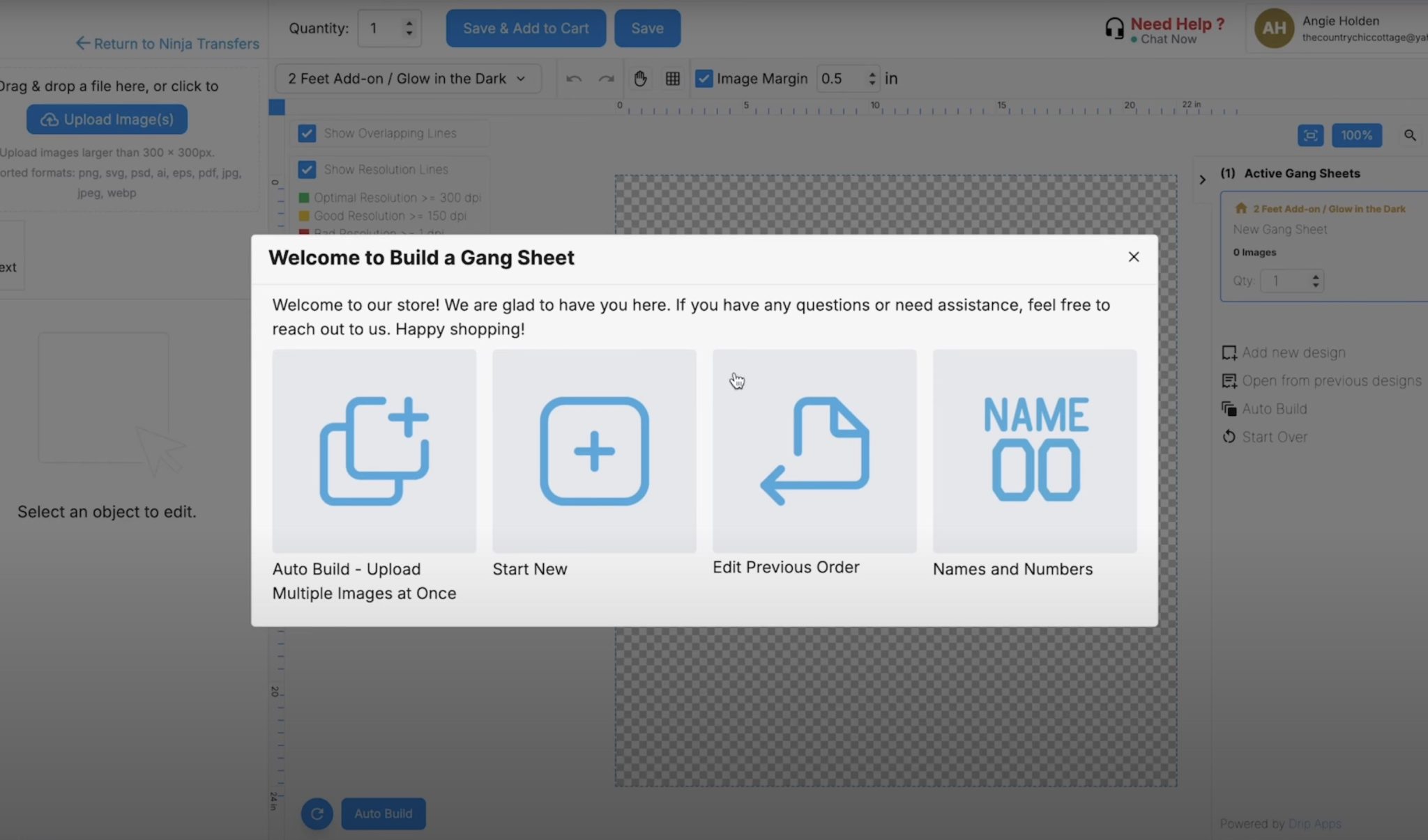 Upload your own gang sheet or build one.