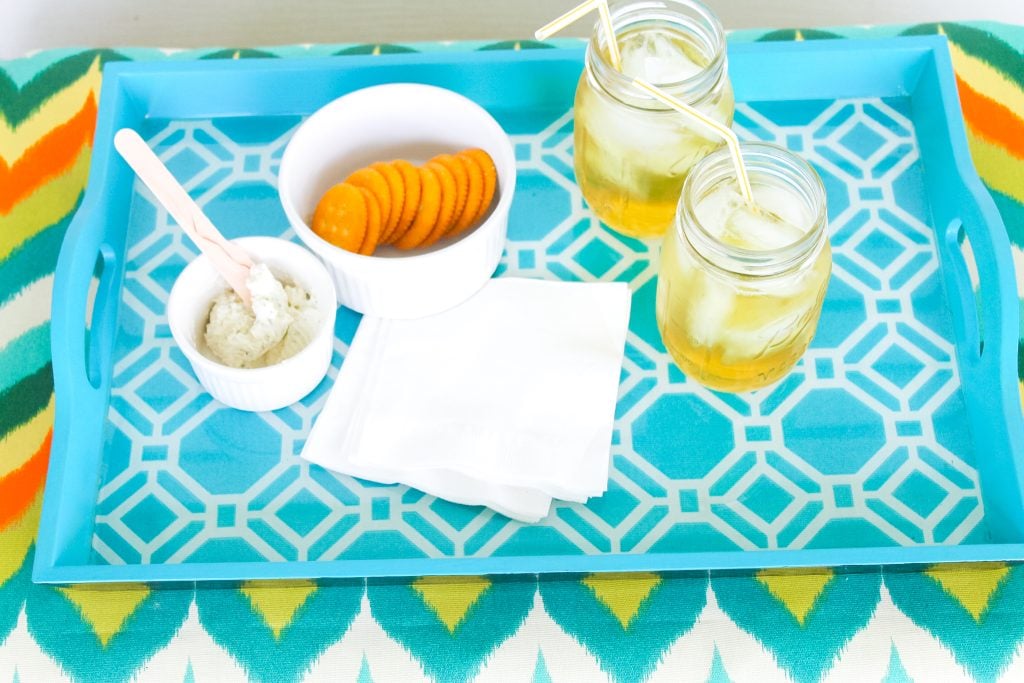 Snacks and drinks on a tray