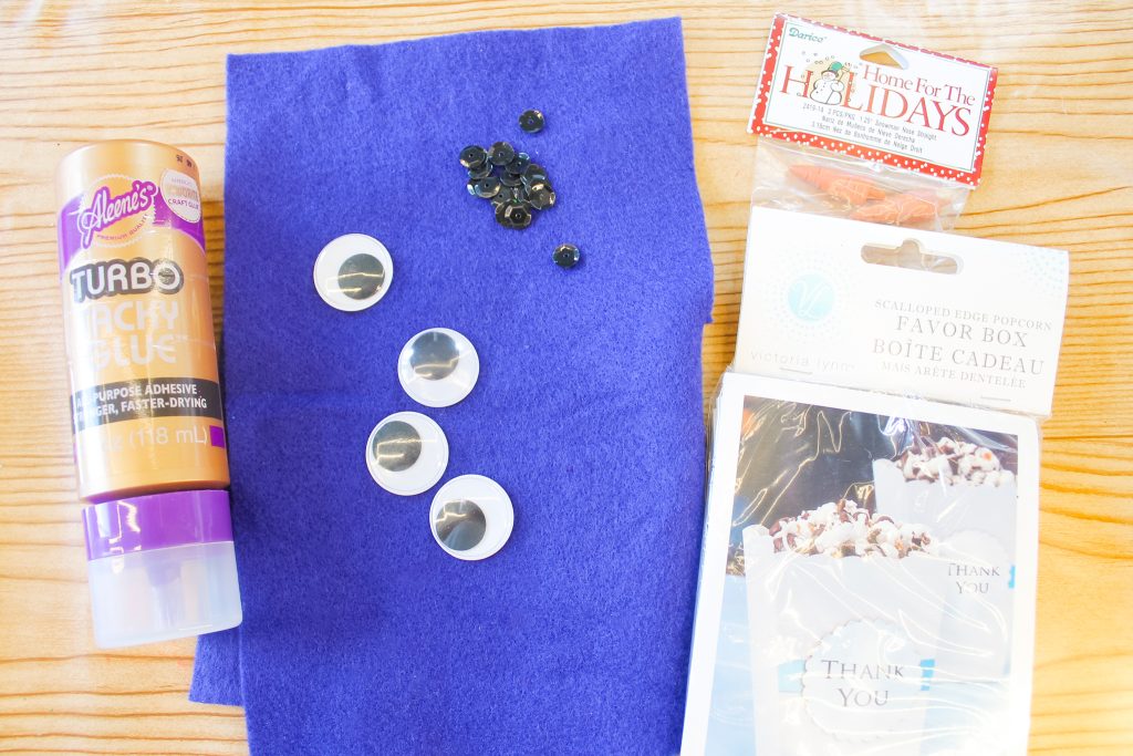 glue, felt, googly eyes, popcorn boxes, carrot noses, sequins