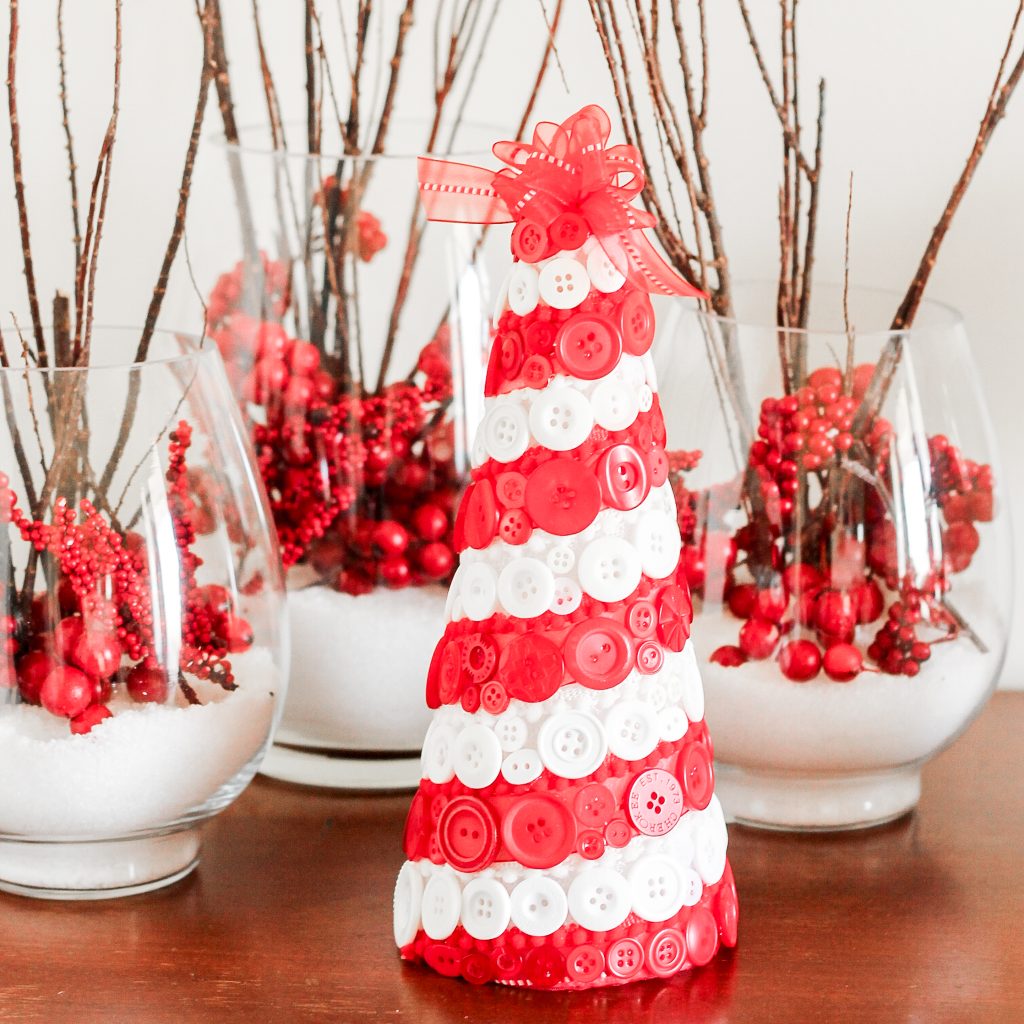 Red and white buttons on a foam cone to look like a tree