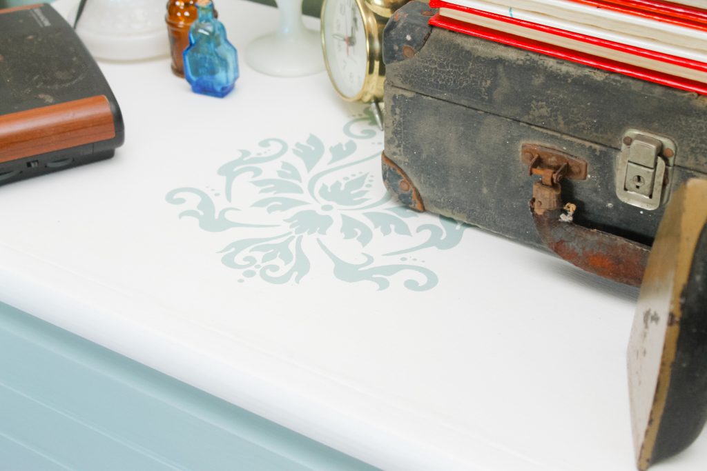 Finished stencil on chest of drawers