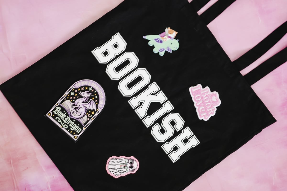 Finished bookish tote with custom patches.