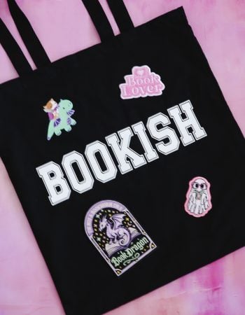 Finished bookish bag with custom patches.