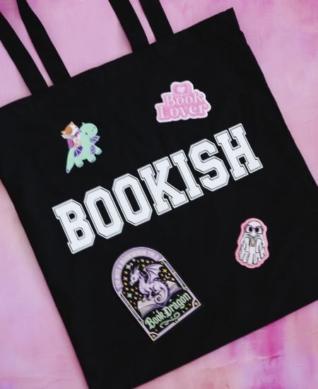 Finished bookish bag with custom patches.