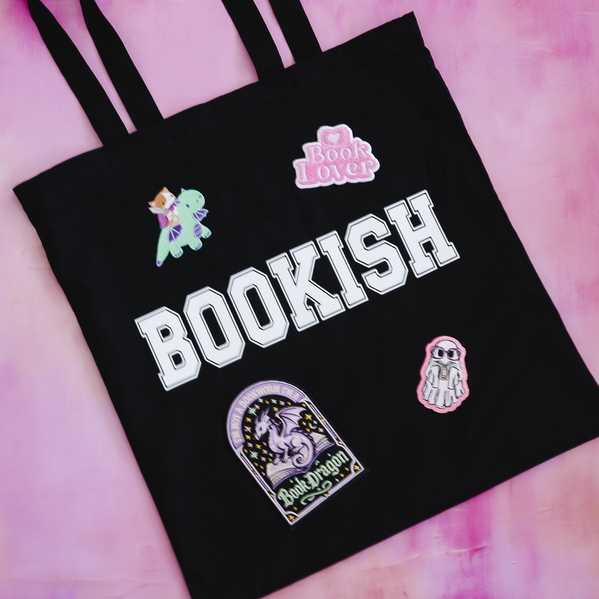 Finished bookish bag with custom patches.
