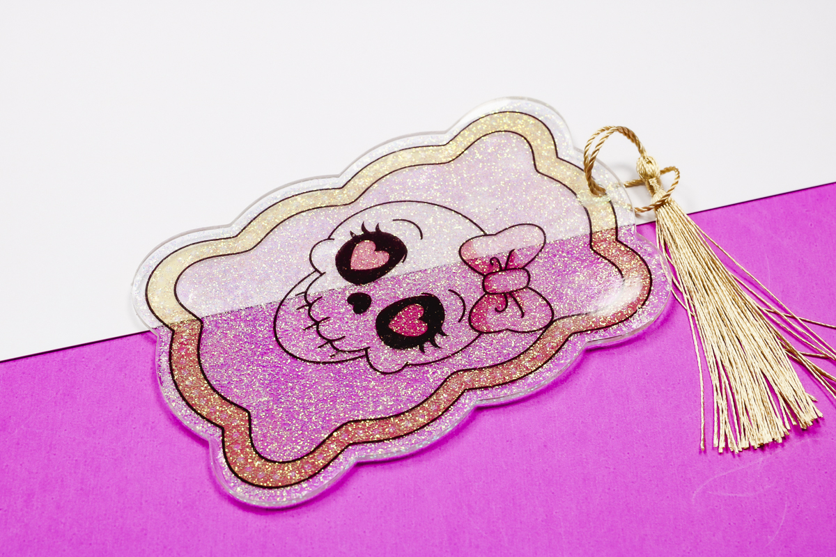 FLUX beamo acrylic bookmark with glitter UV resin.