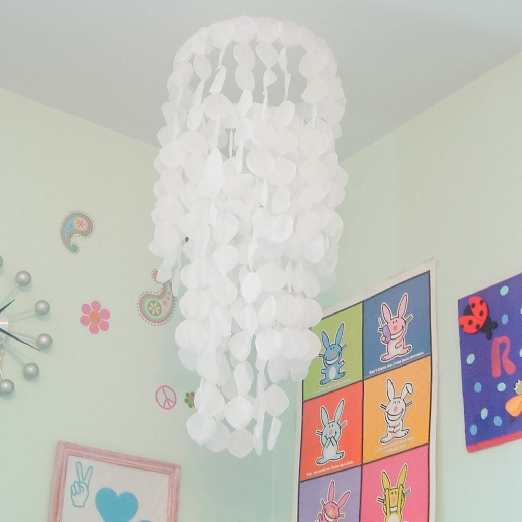 Rose petal chandelier hanging from the ceiling