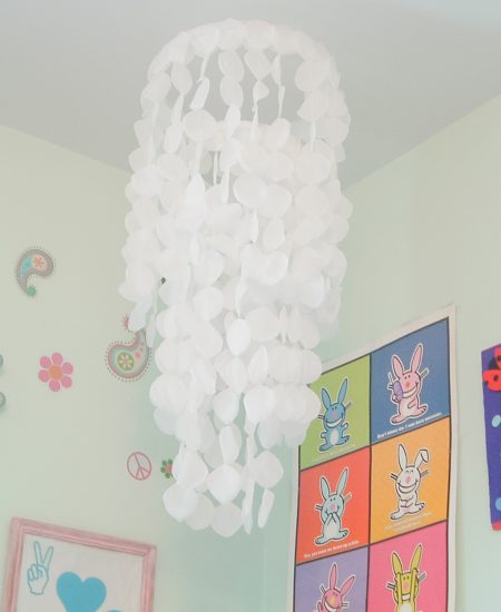 Rose petal chandelier hanging from the ceiling