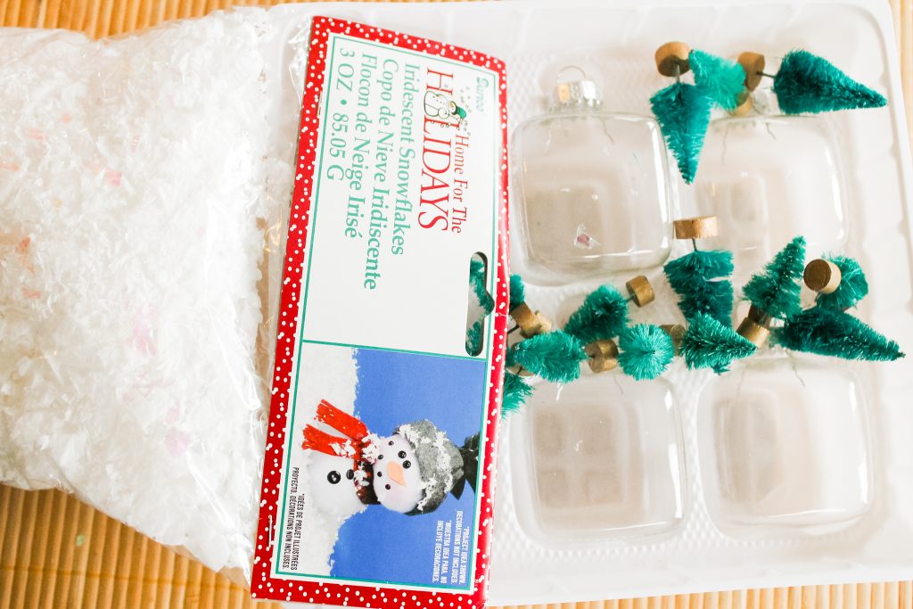 fake snow, mini sisal trees and square ornaments