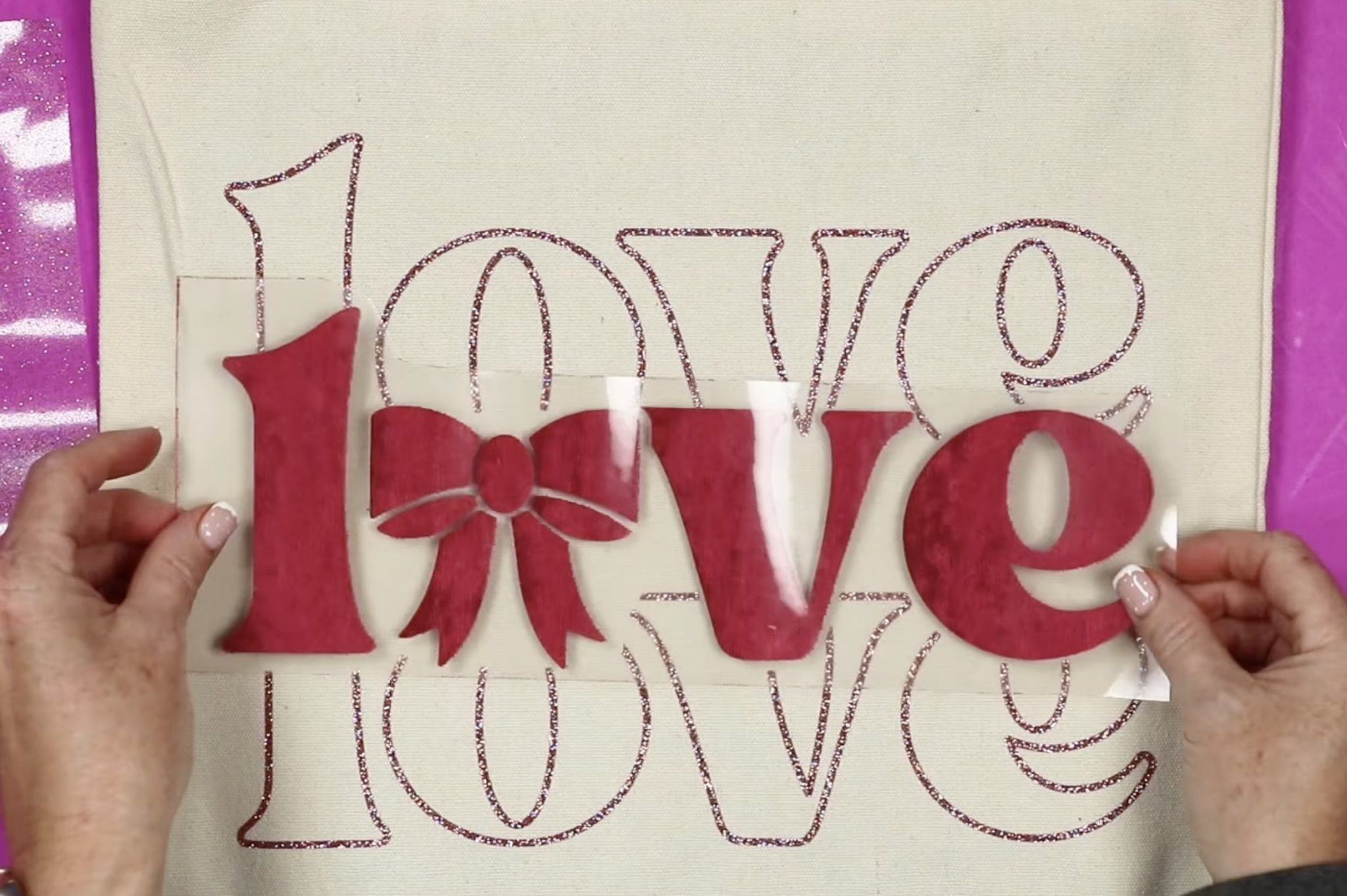 adding lush htv to a tote bag with glitter htv