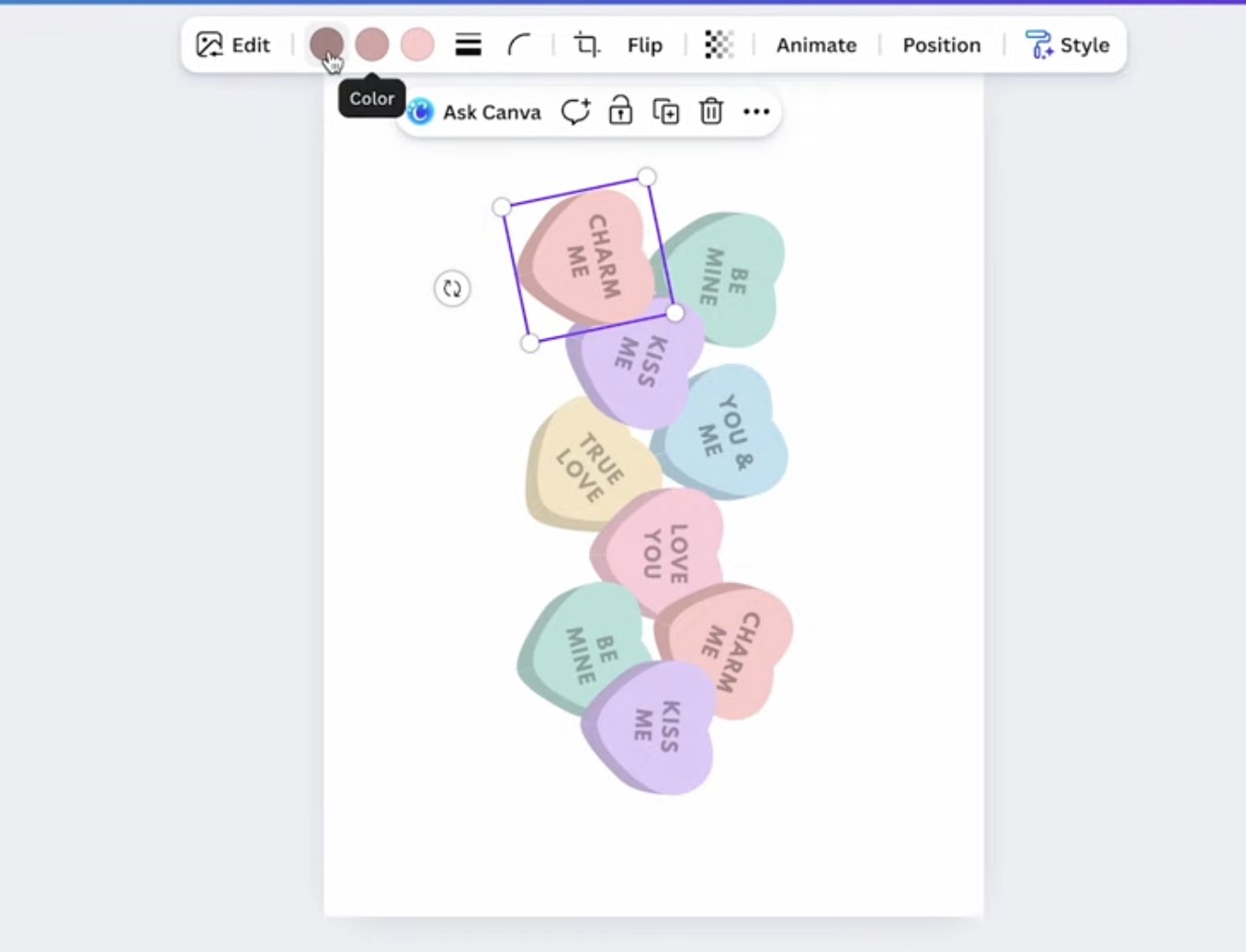 Conversation heart design with single heart selected.