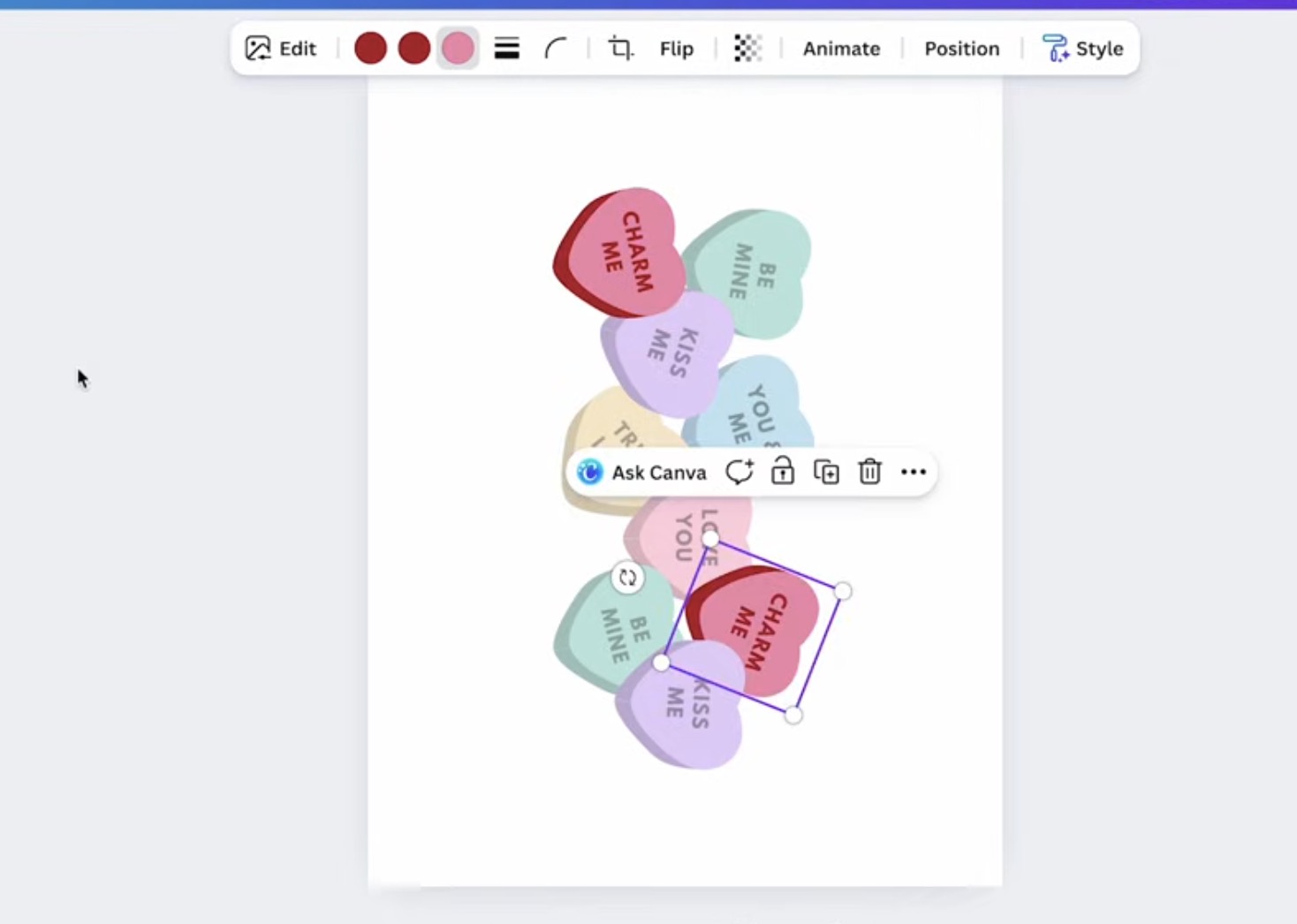 Change colors of conversation hearts to match mug design.
