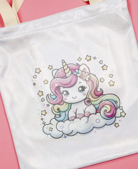 Finished glitter sublimation tote - square.