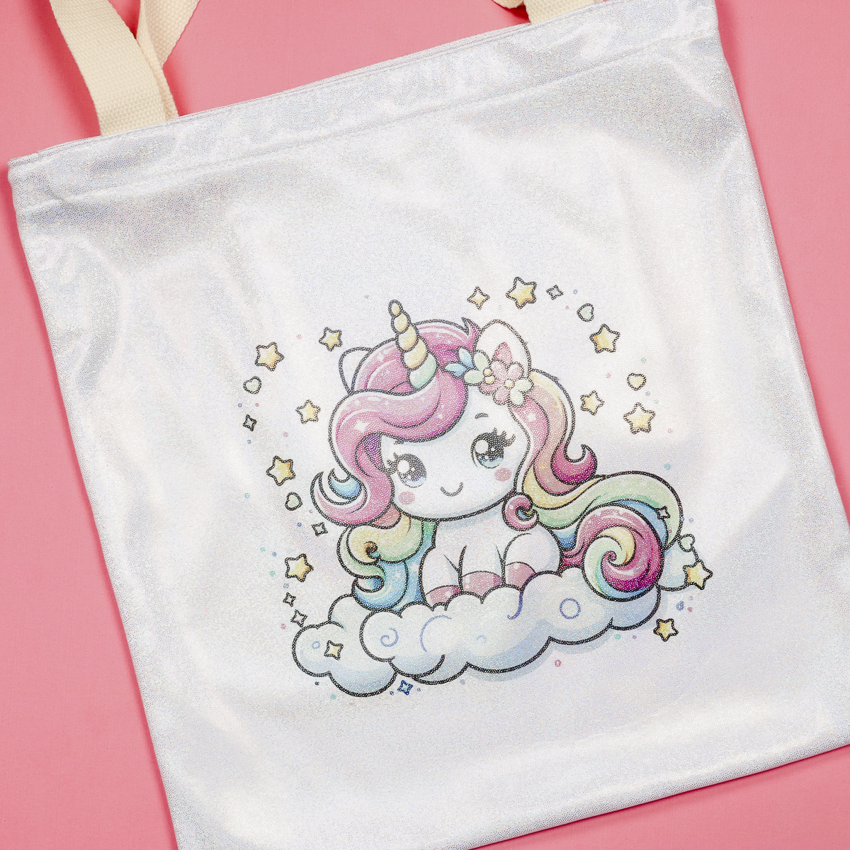 Finished glitter sublimation tote - square.