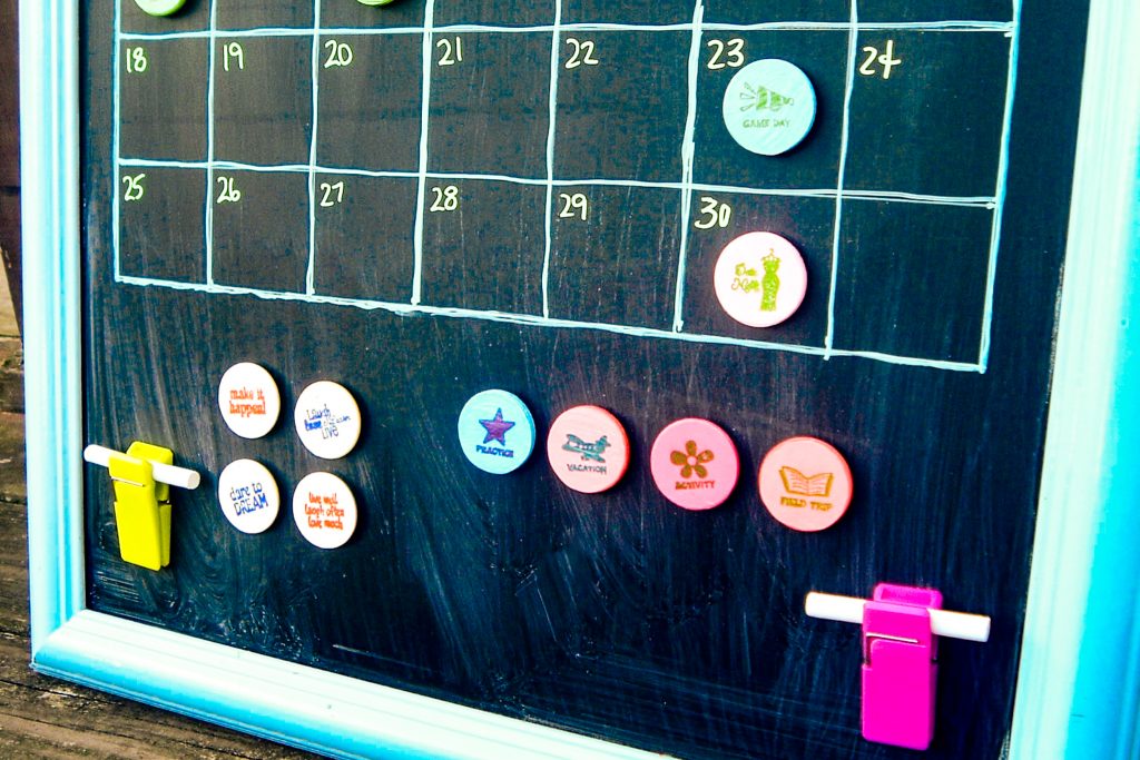 bottom portion of chalkboard with extra magnets and chalk